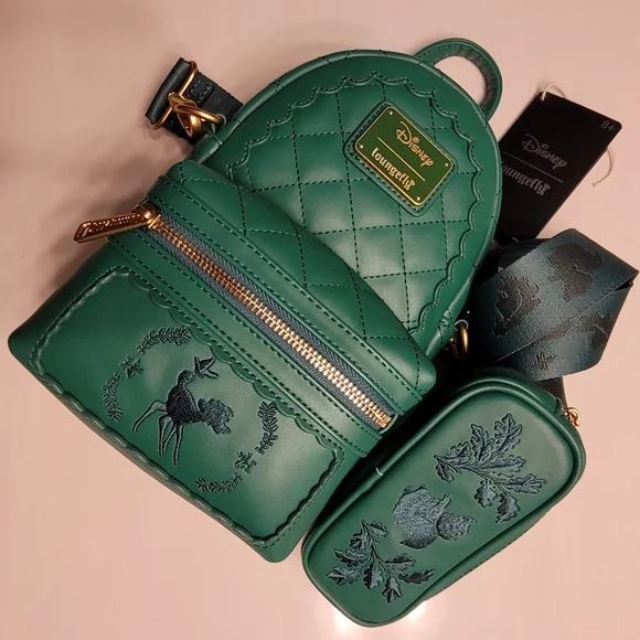 Bambi Loungefly X Disney Green Quilted Pattern Crossbody Sling Matching Coin Bag - Picture 4 of 16